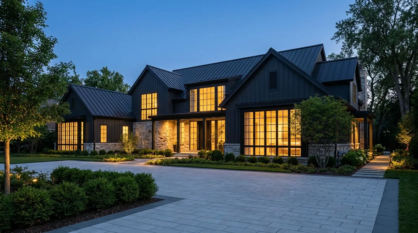Luxe Development custom stone home at dusk with warm-lit windows and manicured landscaping in Chicago's western suburbs